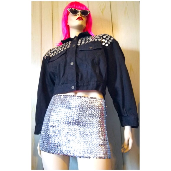 Vintage 80s PUNK Atomic Space Age MOD Black Denim Jacket Studded w/Mirrors wOw! - Picture 7 of 14